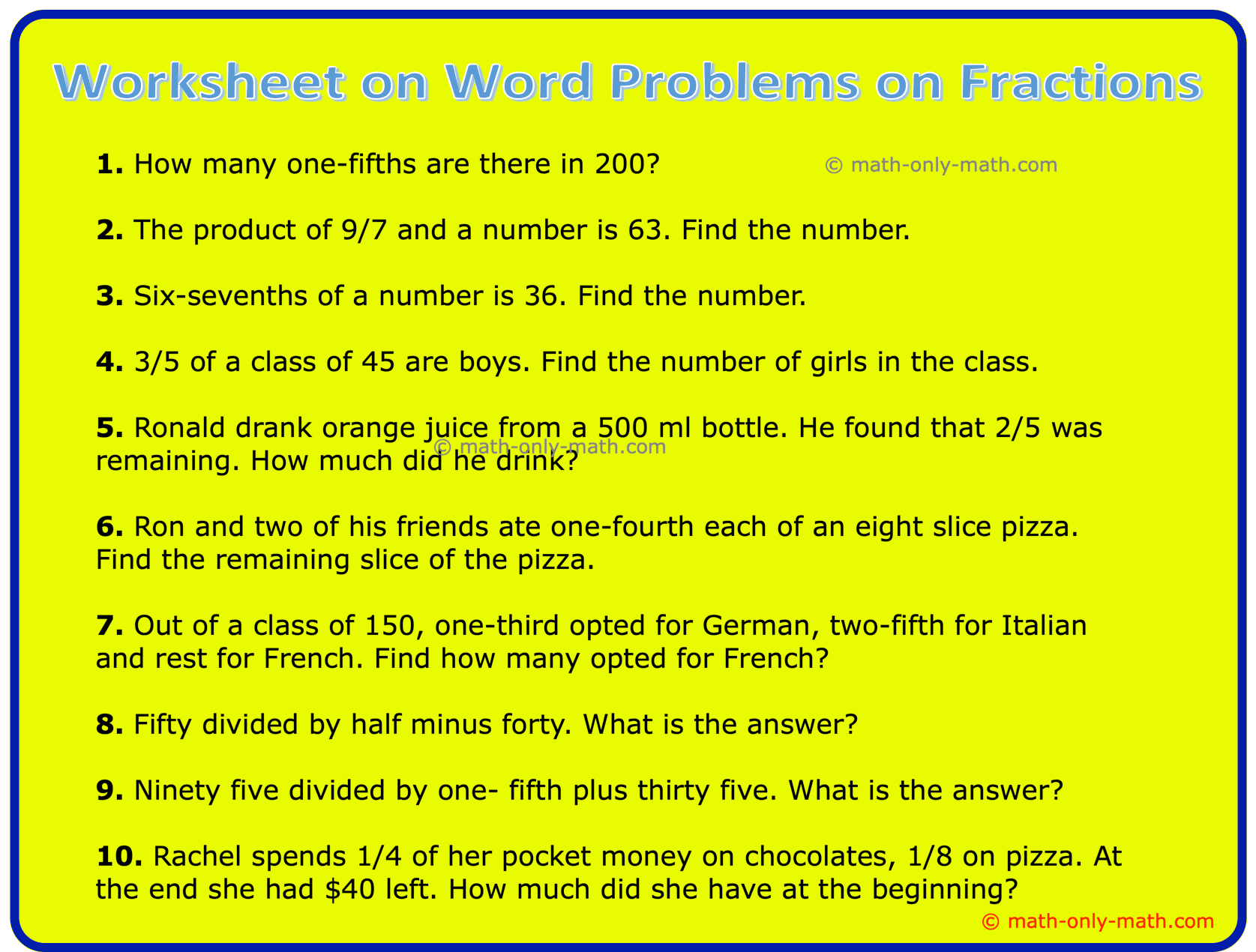 Fraction Word Problems Math Steps Examples Questions