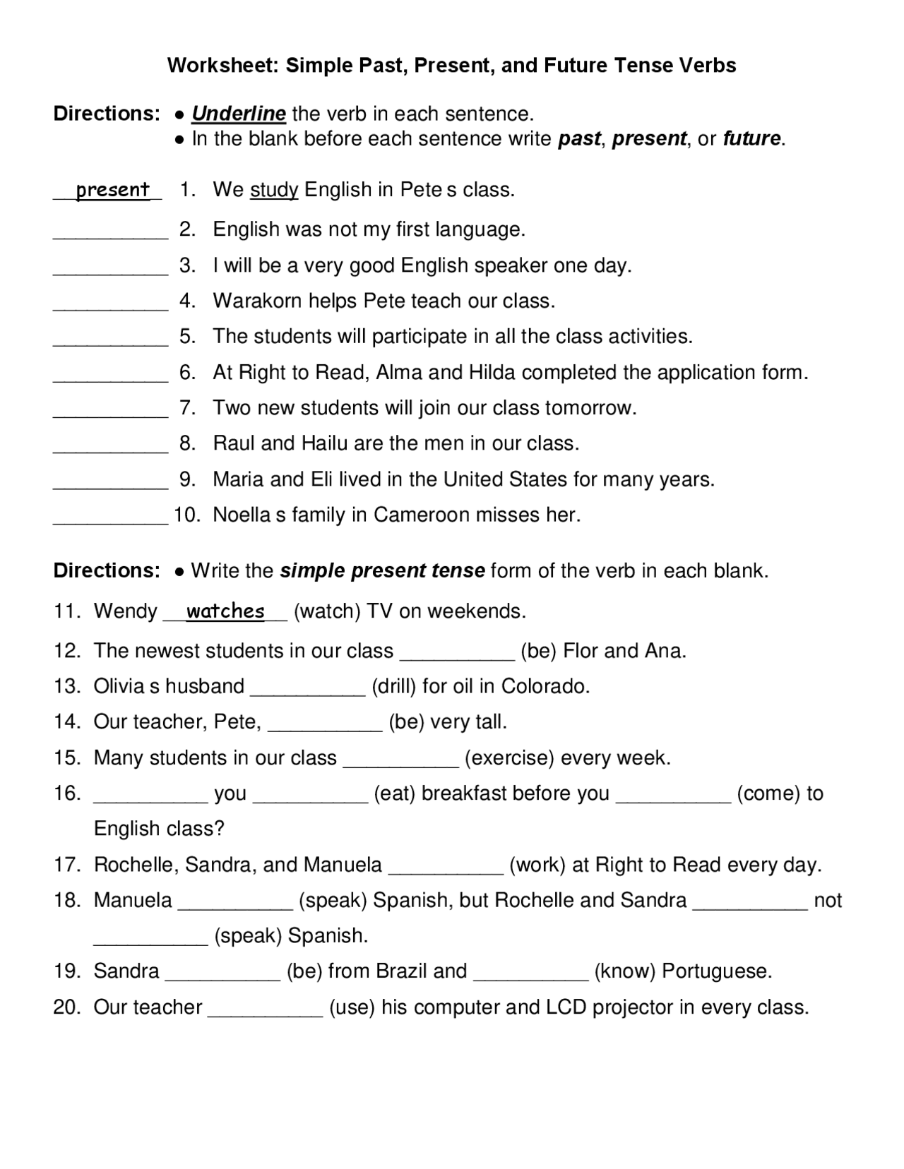 Worksheet Simple Past Present And Future Tense Verbs Schemes And Mind Maps English Literature Docsity