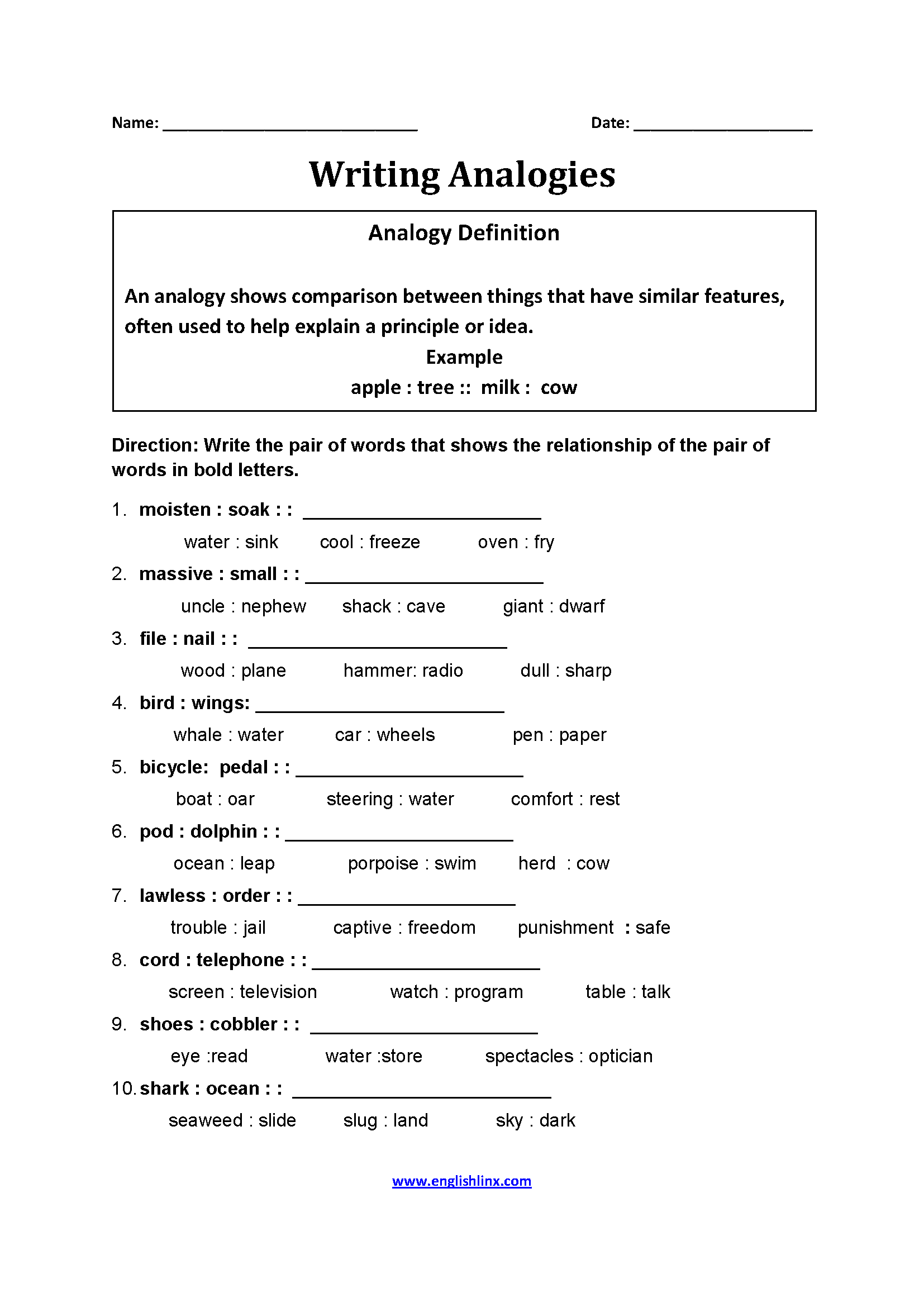 Writing Analogies Create Your Own Word Analogies Writing Analogies Create Your Own Word Analogies