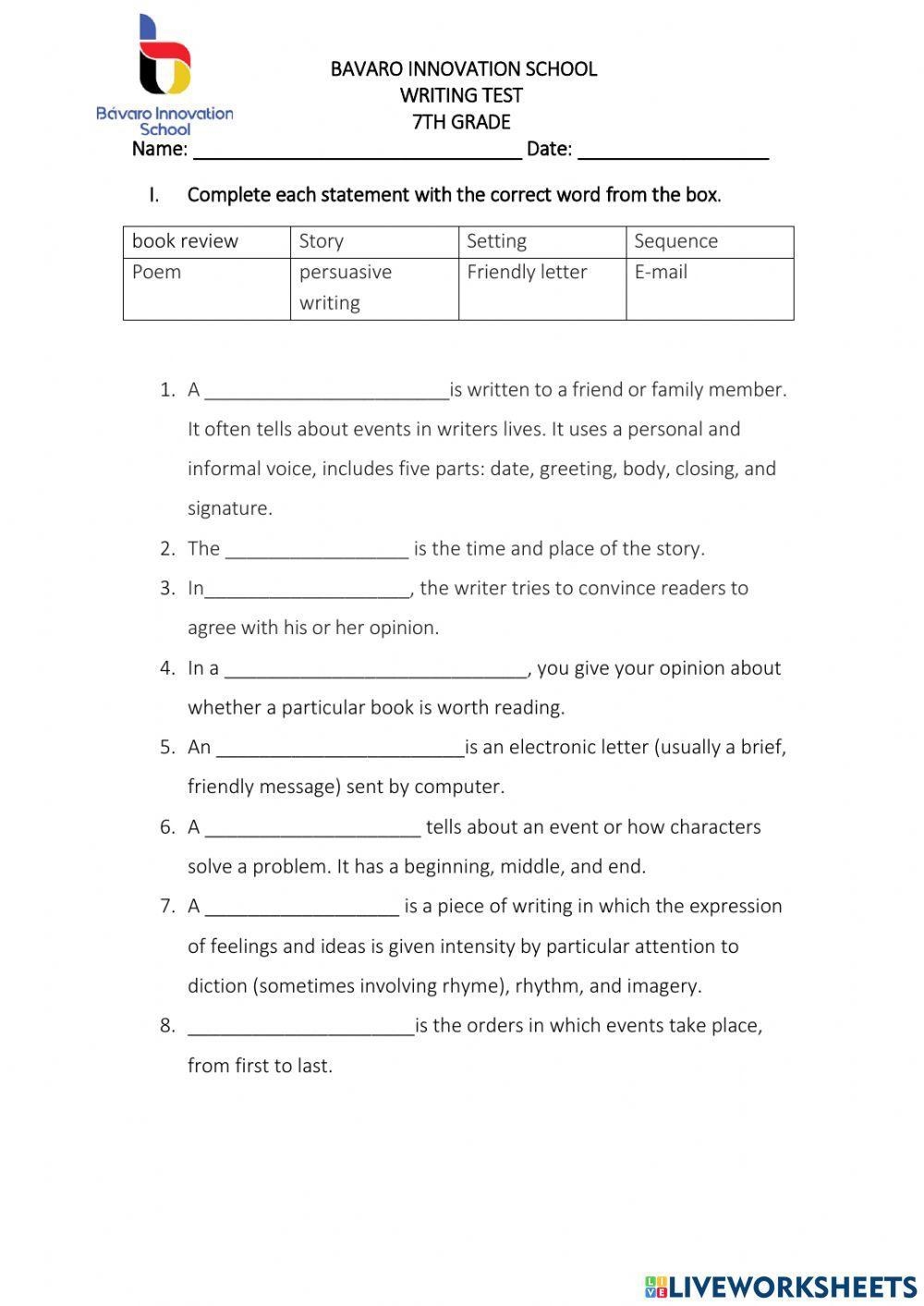 Writing Test 7th Grade Worksheet Worksheets Library