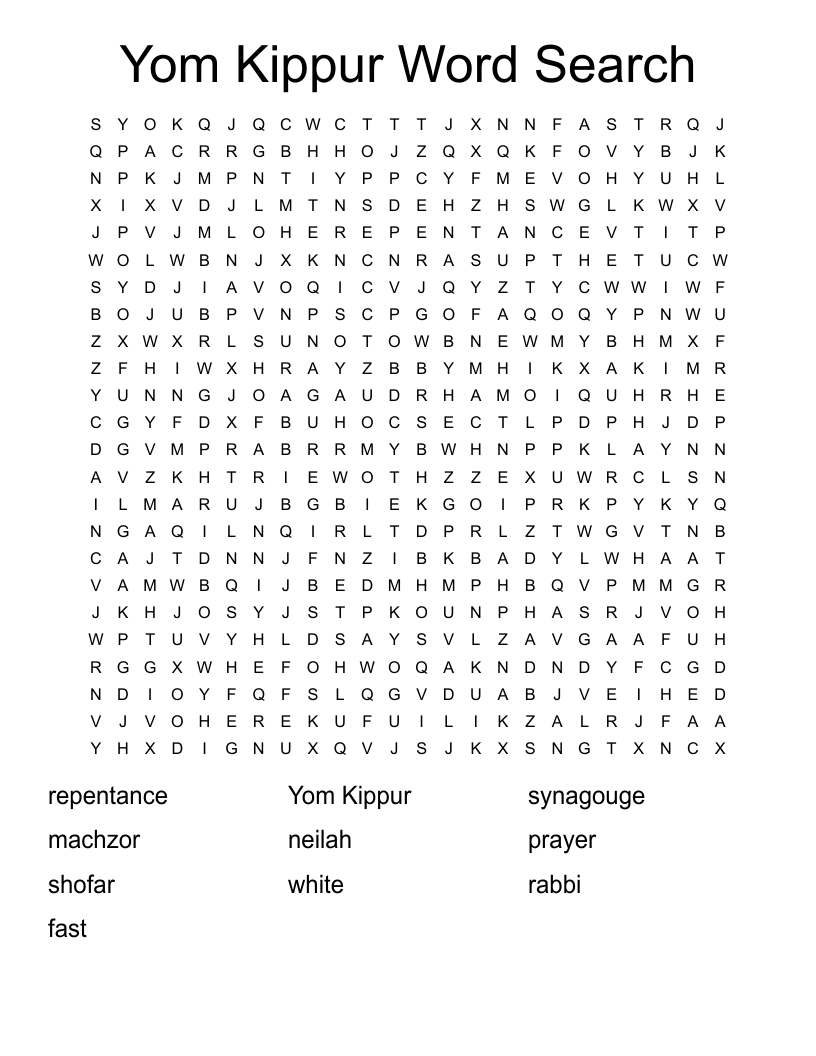 Yom Kippur Word Search WordMint