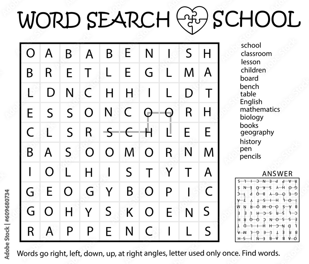 Zigzag Word Search Puzzle School Words Go Right Left Down Up At Right Angles Letter Used Only Once Find Words Logic Game For Learning English Worksheet For Kids Or Adults Stock Vector